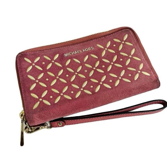 Michael Kors Large Zip Around Suede Wallet Rose Pink Gold Detail Clutch Case - Picture 1 of 10
